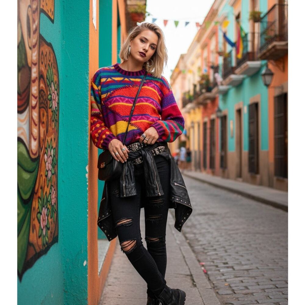 Kenji Hand Knit Sweater Vintage 80s Coogi Style Colorful Medium EUC